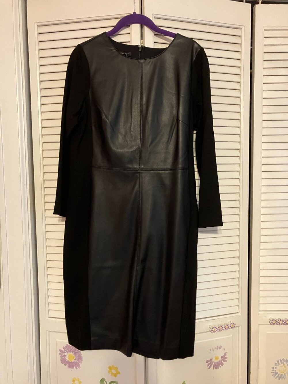 Talbots faux leather and ponte long sleeved black dress